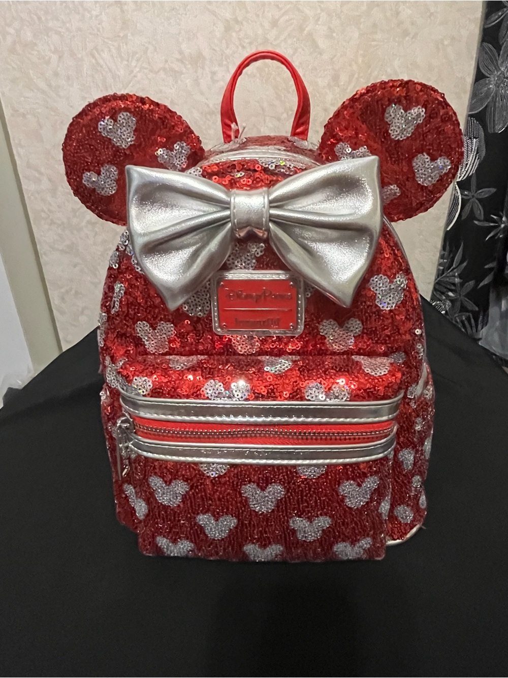 Loungefly Kids Red Sequin Minnie Mouse Ear Backpack with Silver Bow